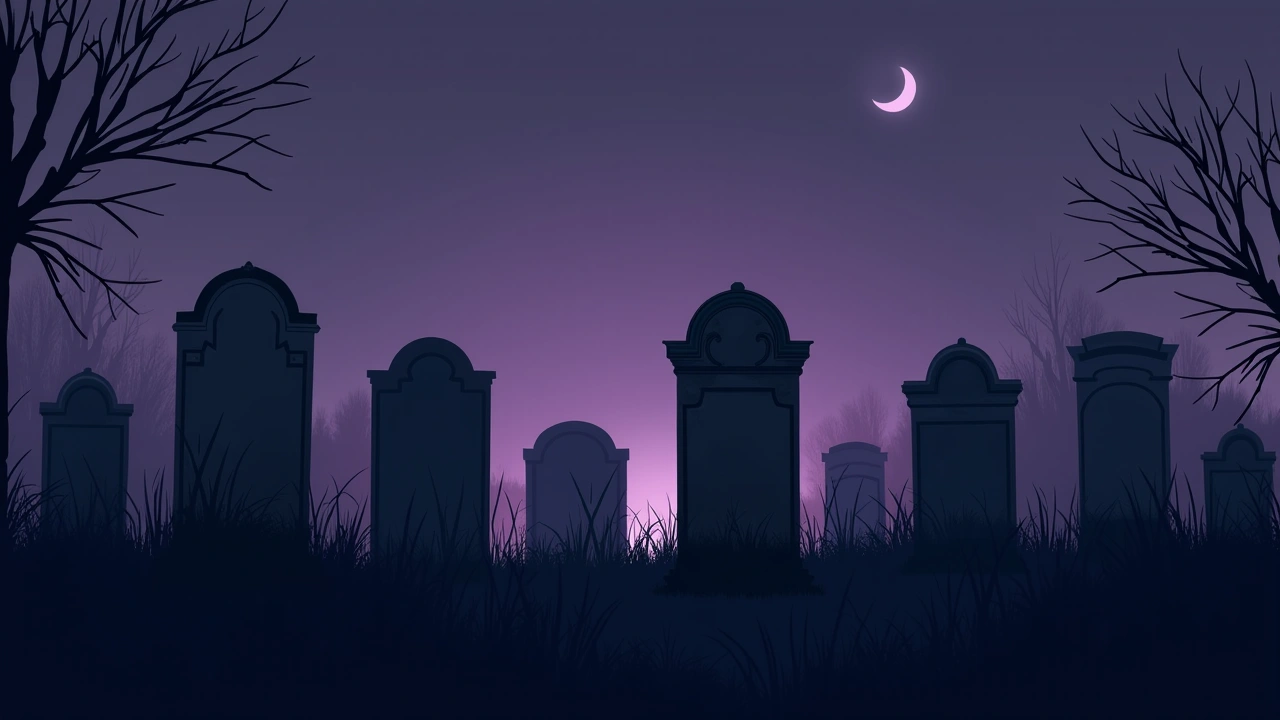 Illustration: a row of weathered 19th-century tombstones in an old graveyard at night.