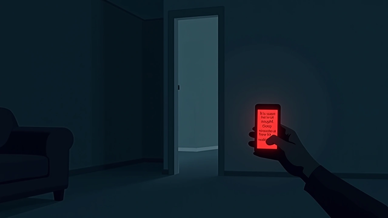 Illustration: a phone screen glowing red with unsettling words displayed, held in a dim living room.