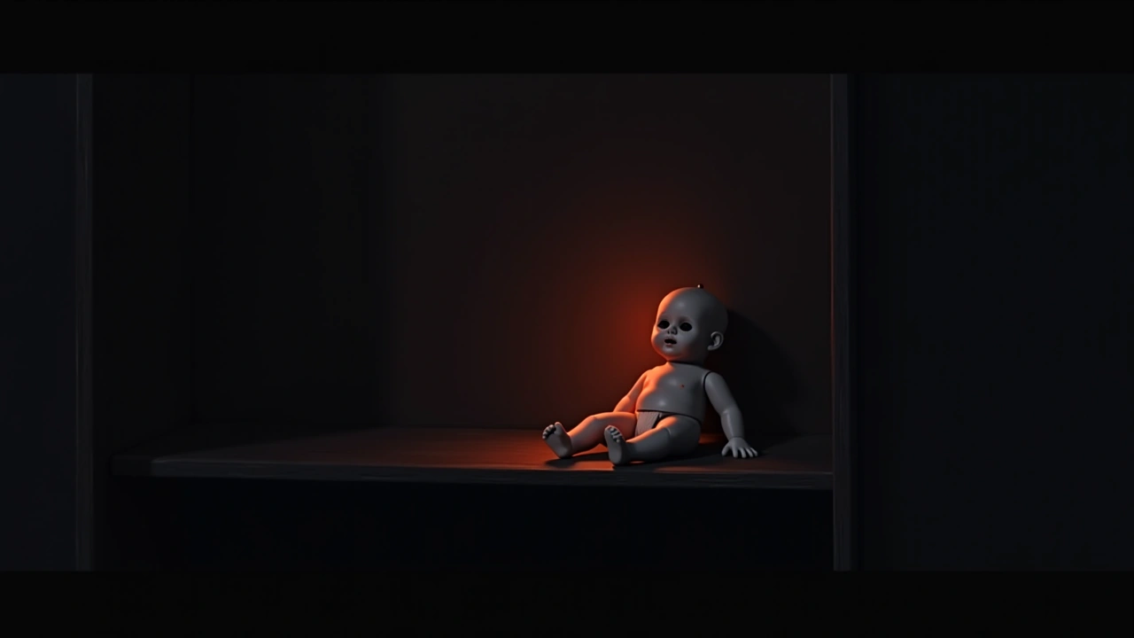 Illustration: a keepsake baby doll on a shelf, lit by a faint red glow in a dark room.