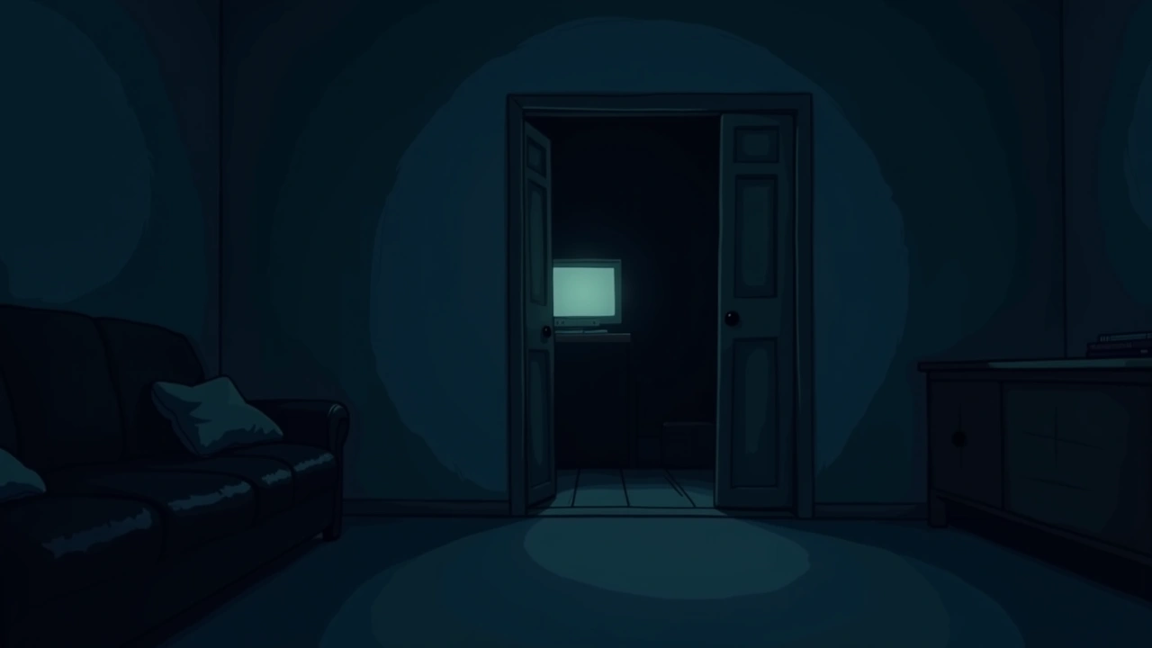 Illustration: A cozy living room at night, a television glowing faintly in an adjoining dark room.