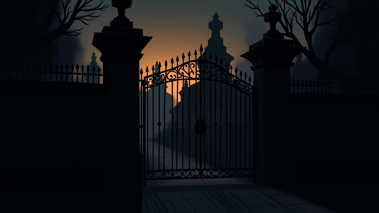 Illustration: a wrought-iron cemetery gate in New Orleans at dusk, aboveground tombs in the background.