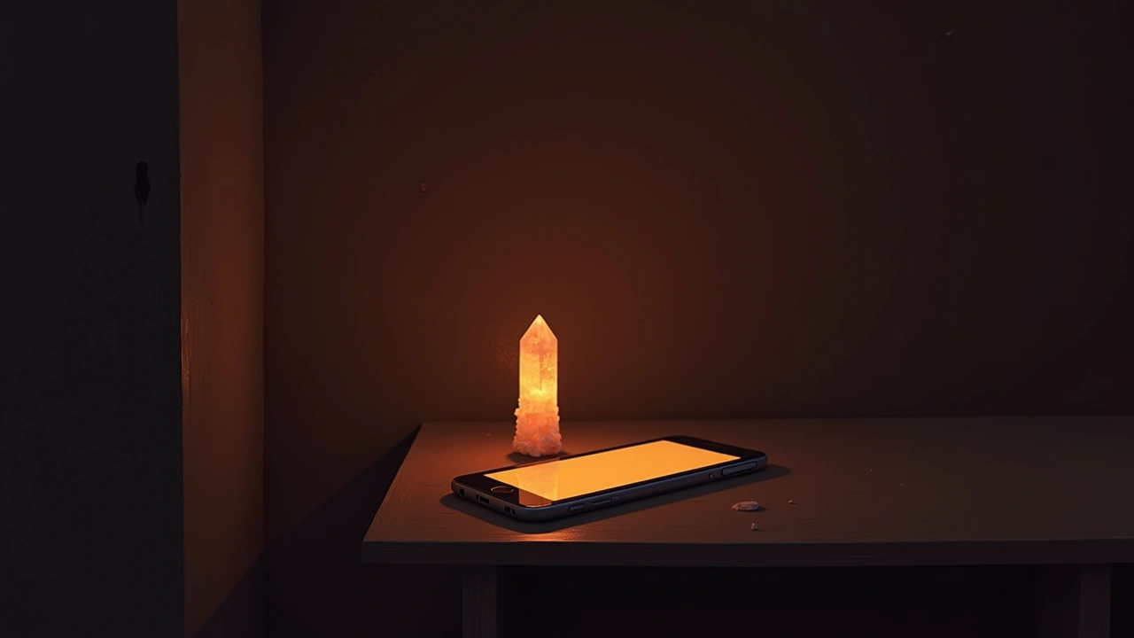 Illustration: A crystal wand resting beside a glowing phone screen in a dim room.