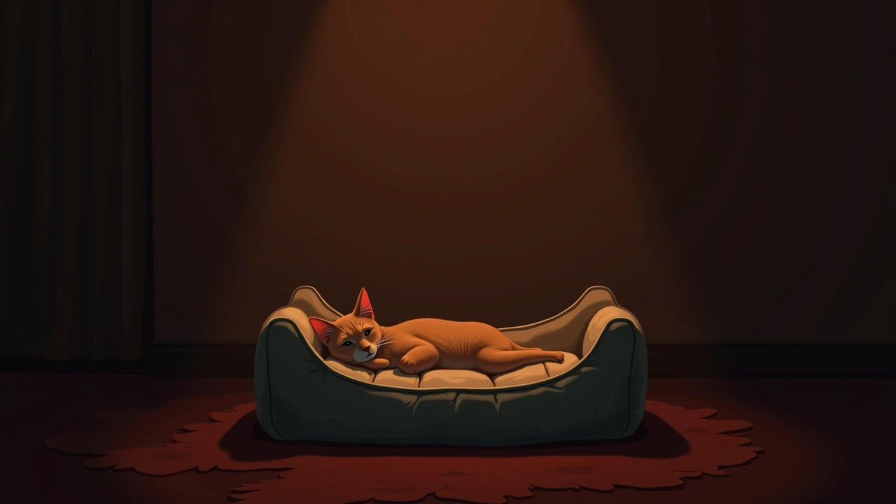 Illustration: an empty cat bed in a quiet, dim room.