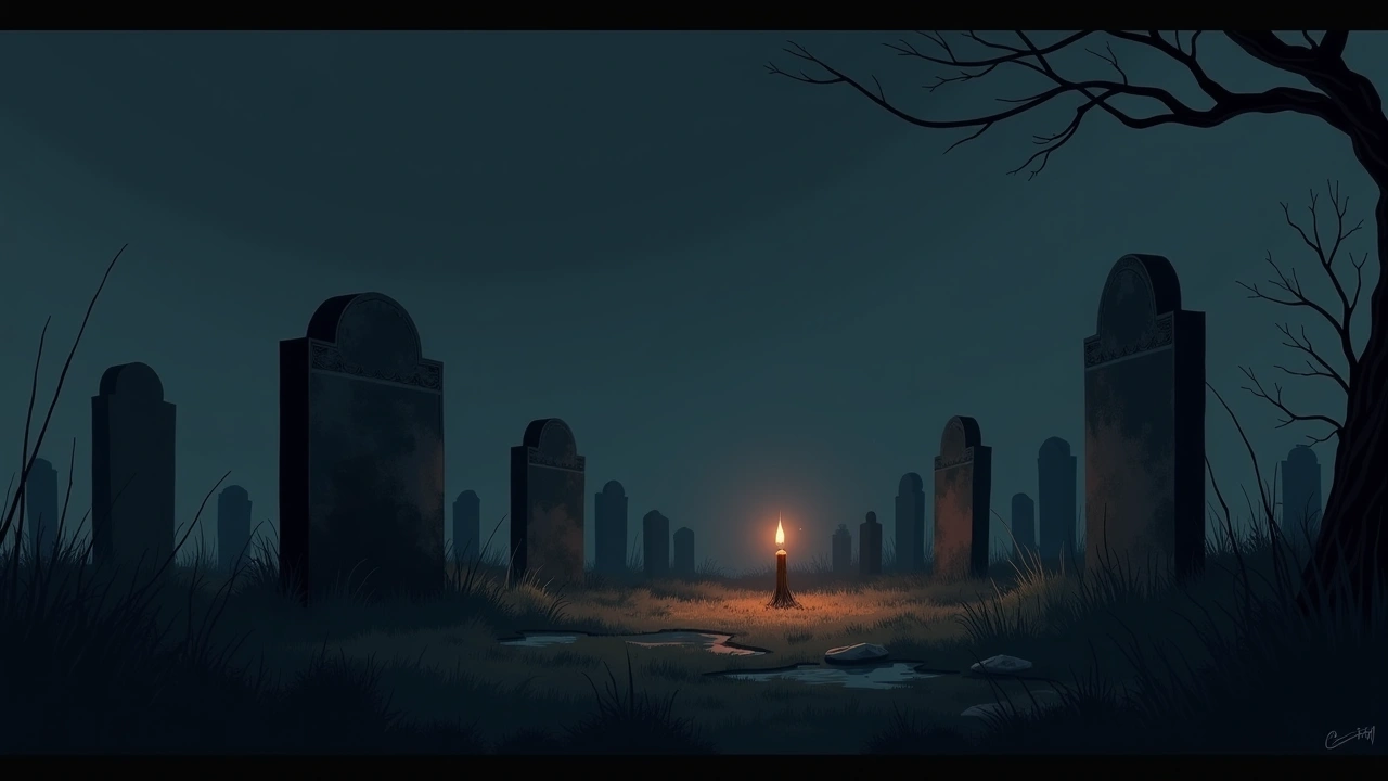 Illustration: a quiet cemetery at dusk with weathered gravestones.