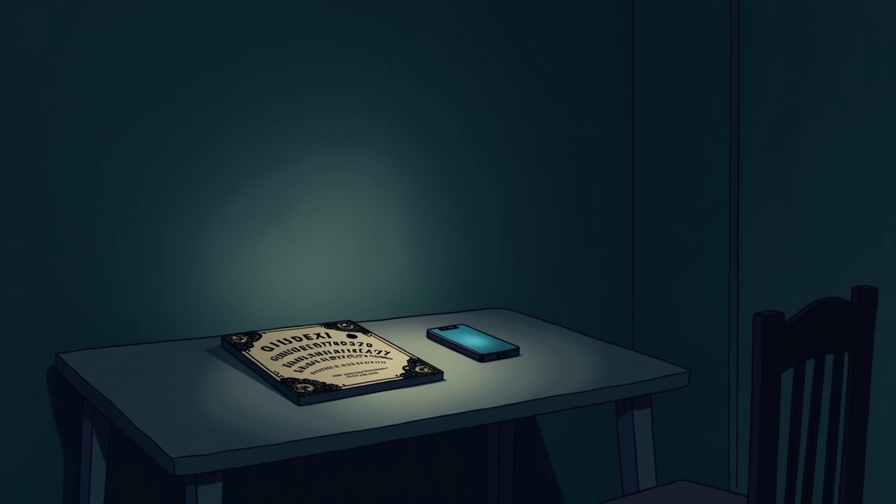 Illustration: an Ouija board resting on a table beside a phone with a glowing screen, in a dim room.