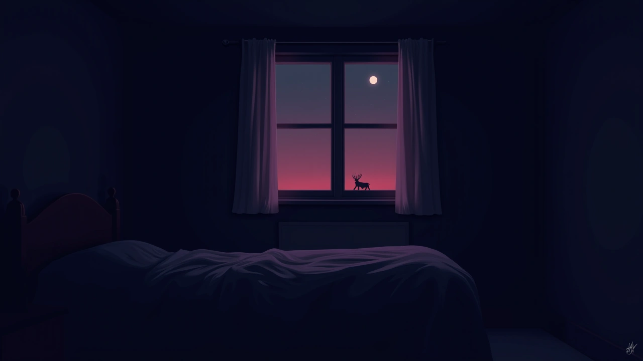 Illustration: a bedroom window at night lit with a faint red glow.