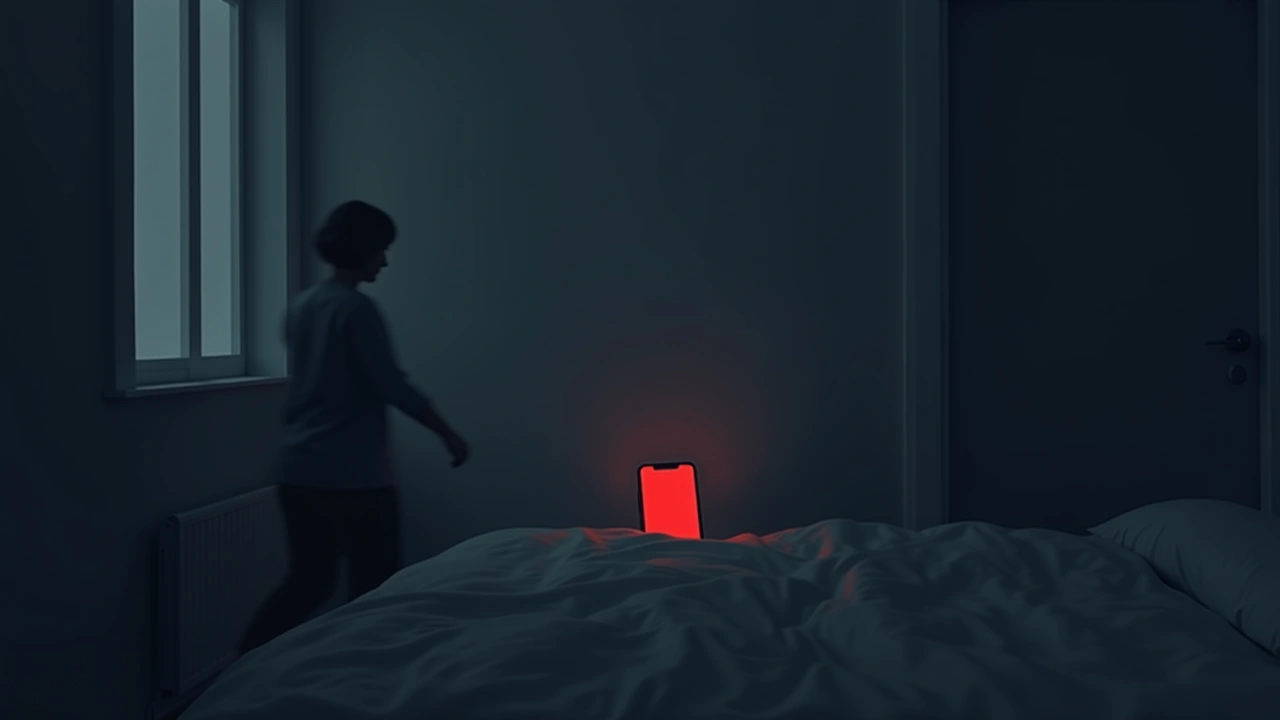 Illustration: a phone screen rippling with red light in a dark bedroom, a shadowy silhouette crossing the wall.