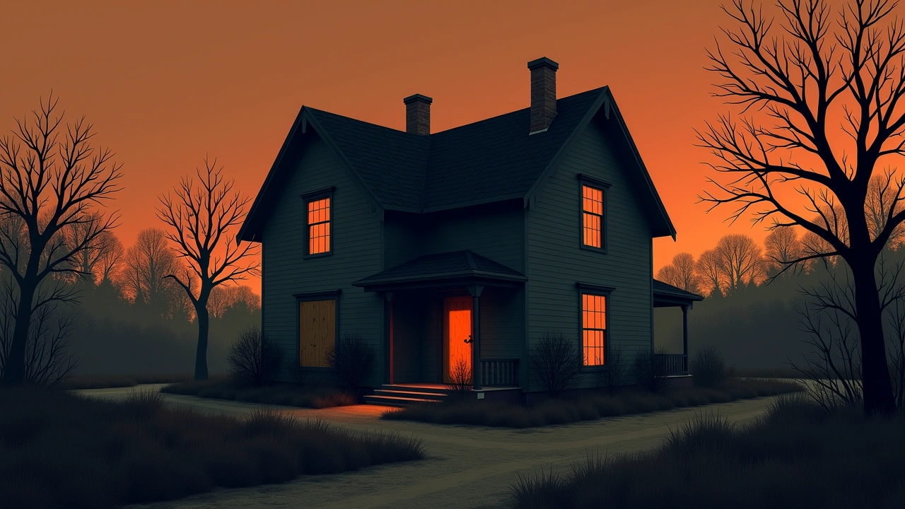 Illustration: an abandoned house at dusk with boarded windows and an overgrown yard.