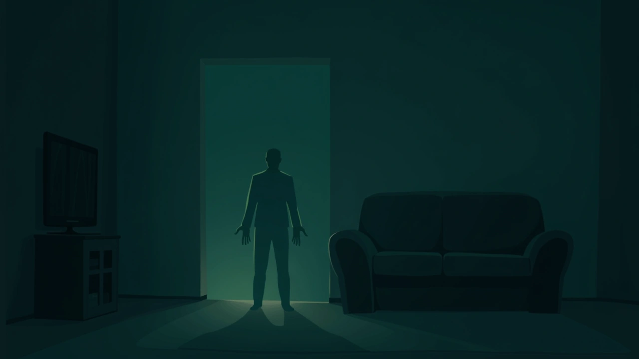 Illustration: a dim living room where the lights flicker on and off.