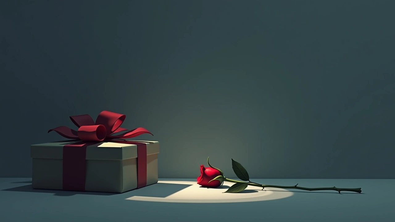 Illustration: a single red rose beside a wrapped Christmas gift under dim light.