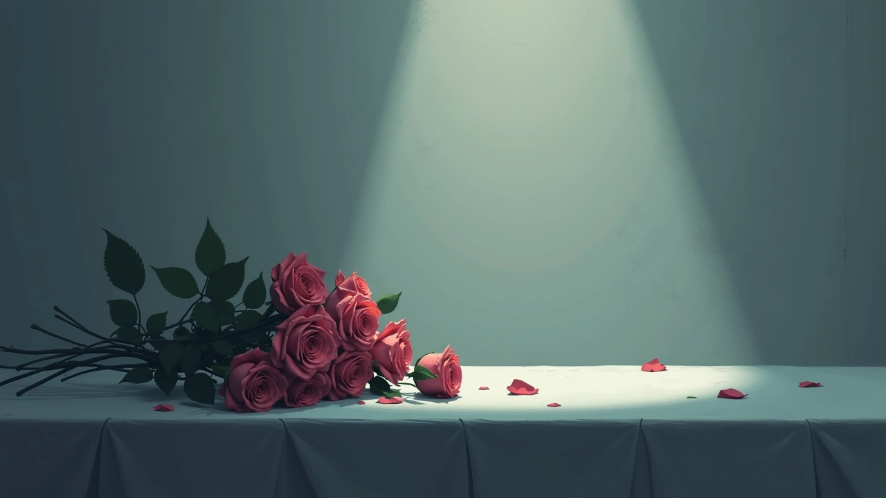 Illustration: A vase of roses knocked over on a table in evening light.
