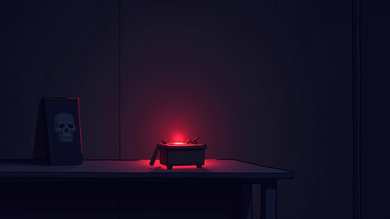 Illustration: A handheld spirit-box device glowing red on a table in a quiet, dim room at night.