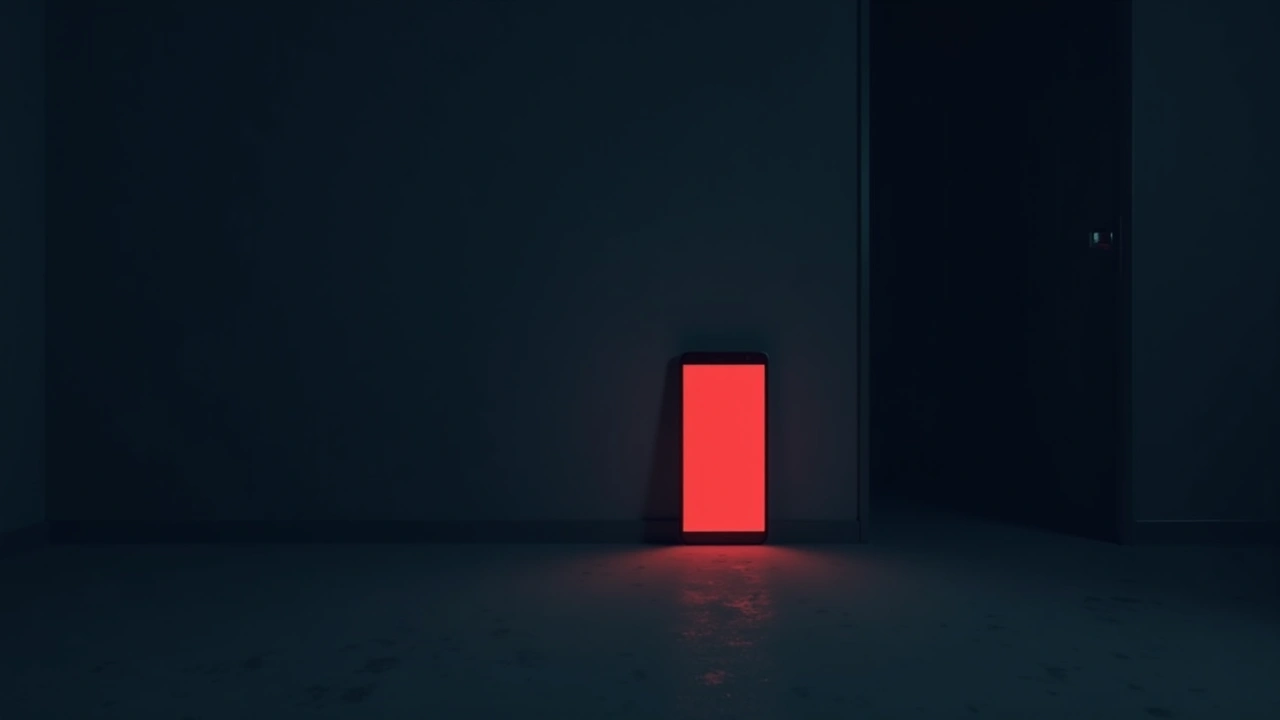 Illustration: A phone screen glowing solid red and flickering in a dark room.