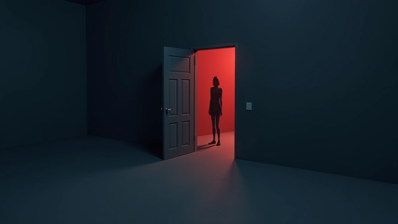 Illustration: a dark room lit by a red glow reflecting off the walls.