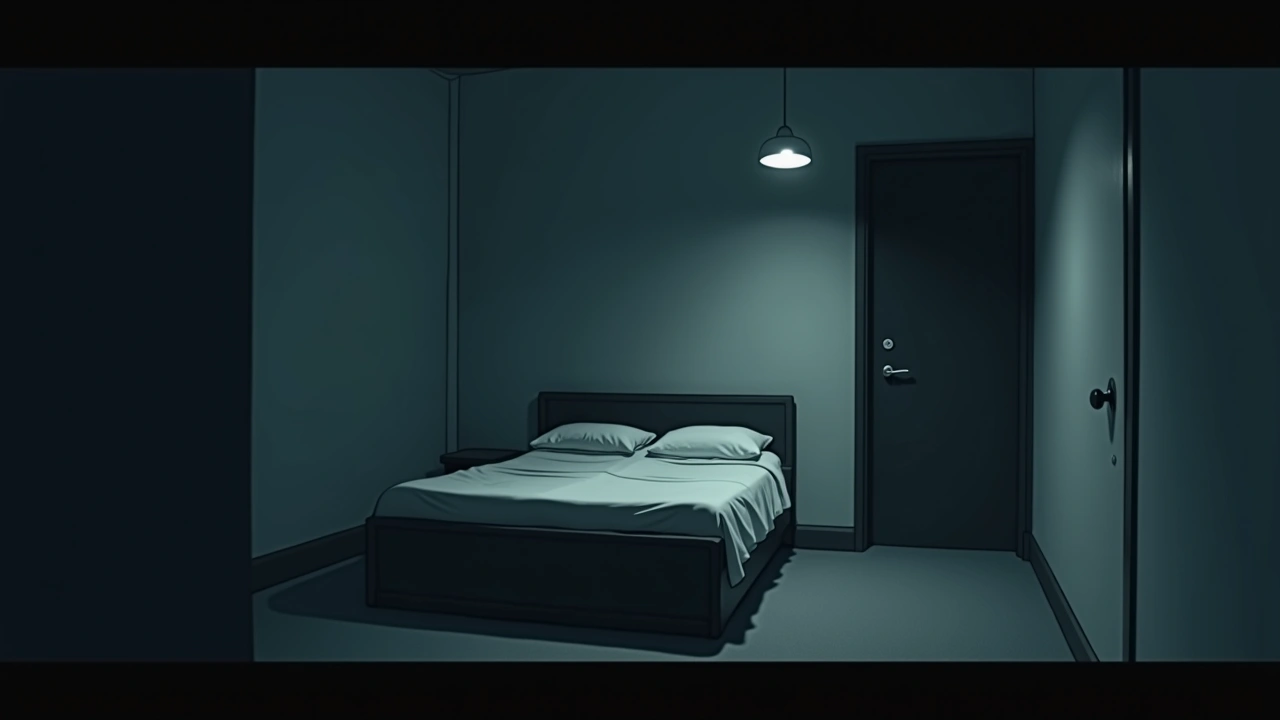 Illustration: a dim, empty motel room at night with an unmade bed.