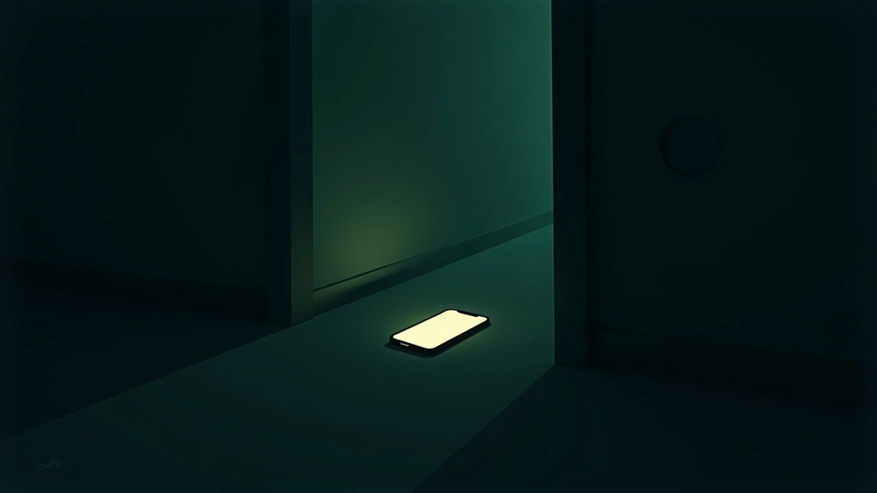 Illustration: a smartphone screen glowing faintly in a pitch-black room, faint shadows on the walls.
