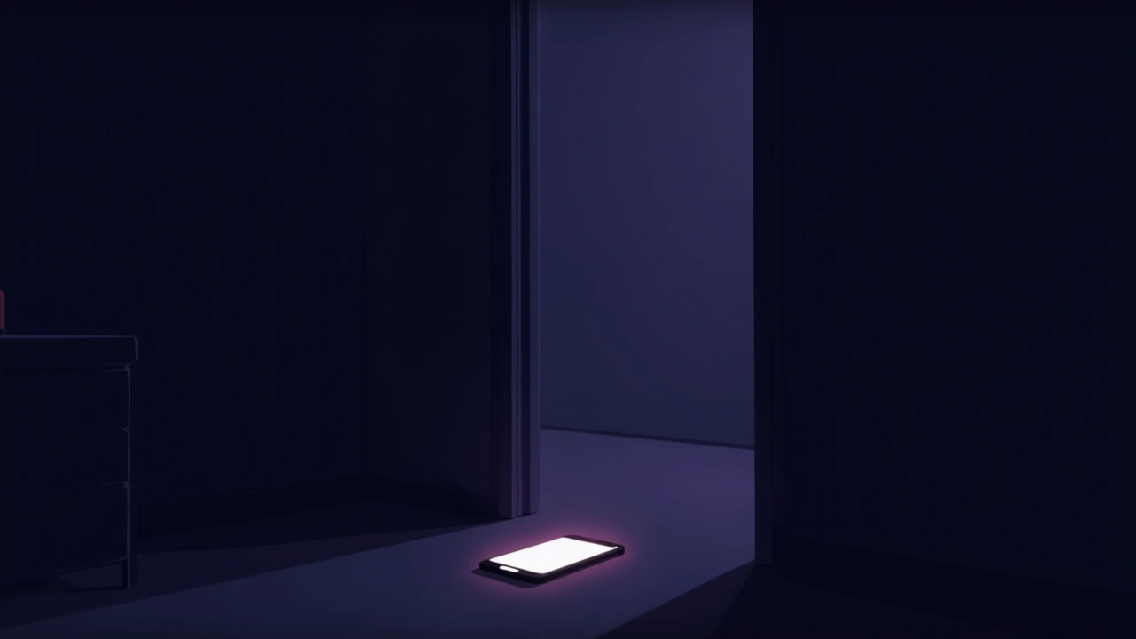 Illustration: a smartphone glowing alone in a dark, quiet room at night.