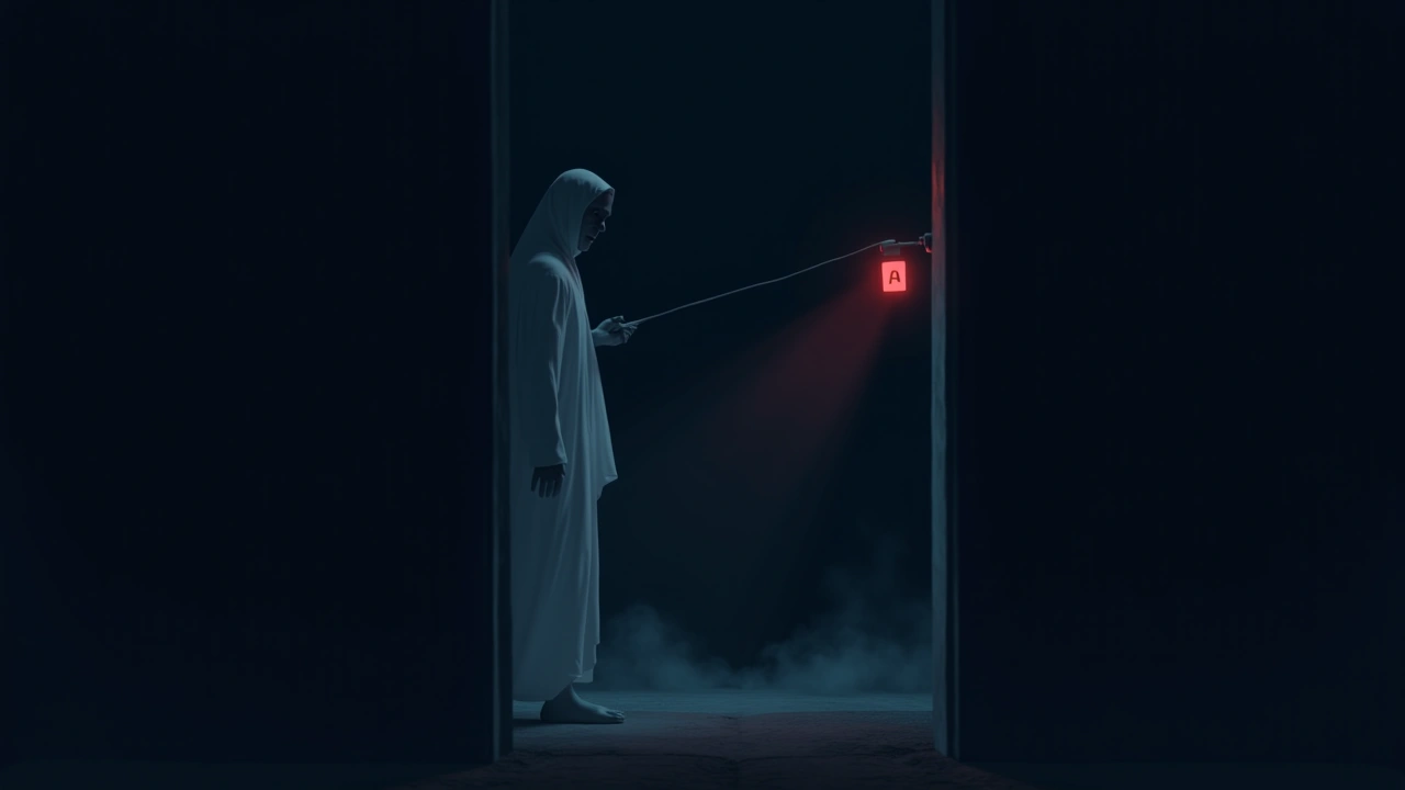Illustration: A handheld ghost-detection device glowing red in a dark room.