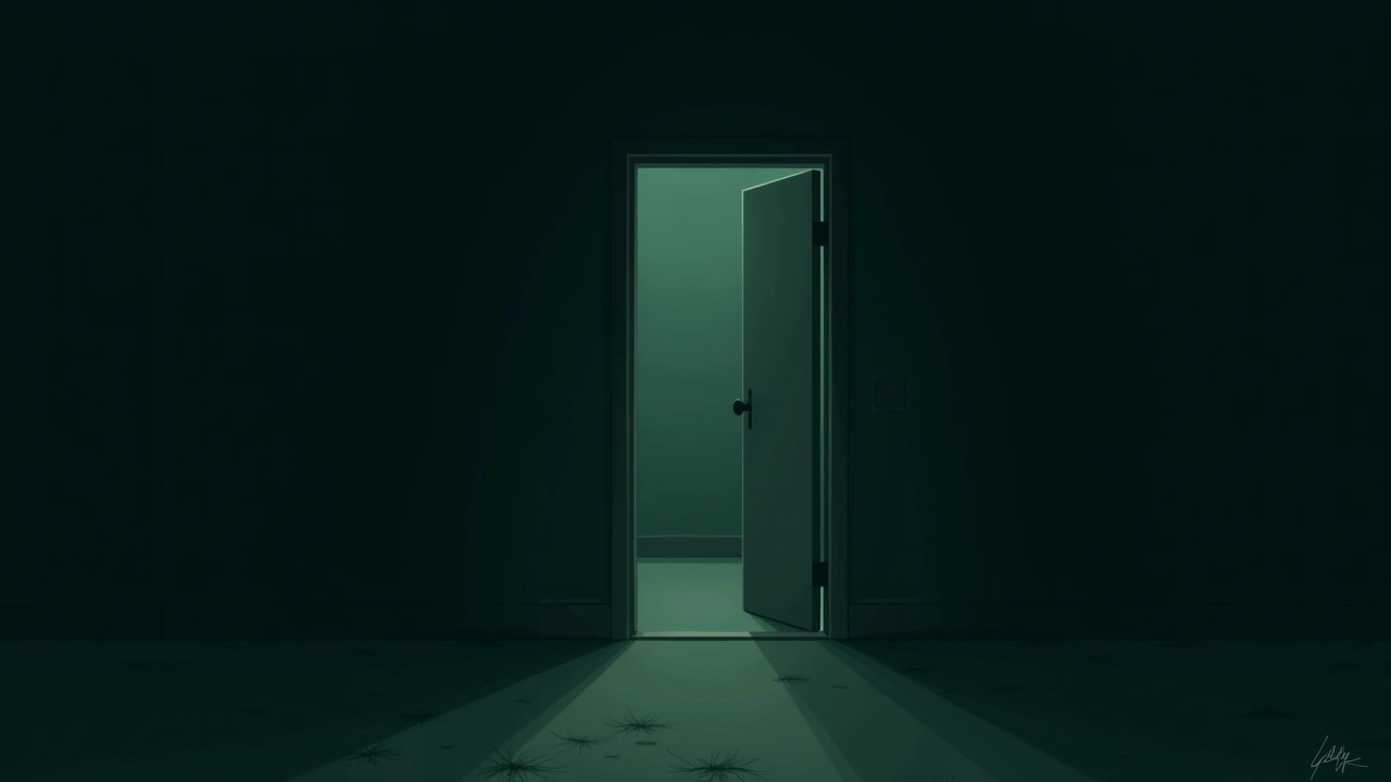 Illustration: a small newly rented flat at night, an interior door standing half open onto a dark room.