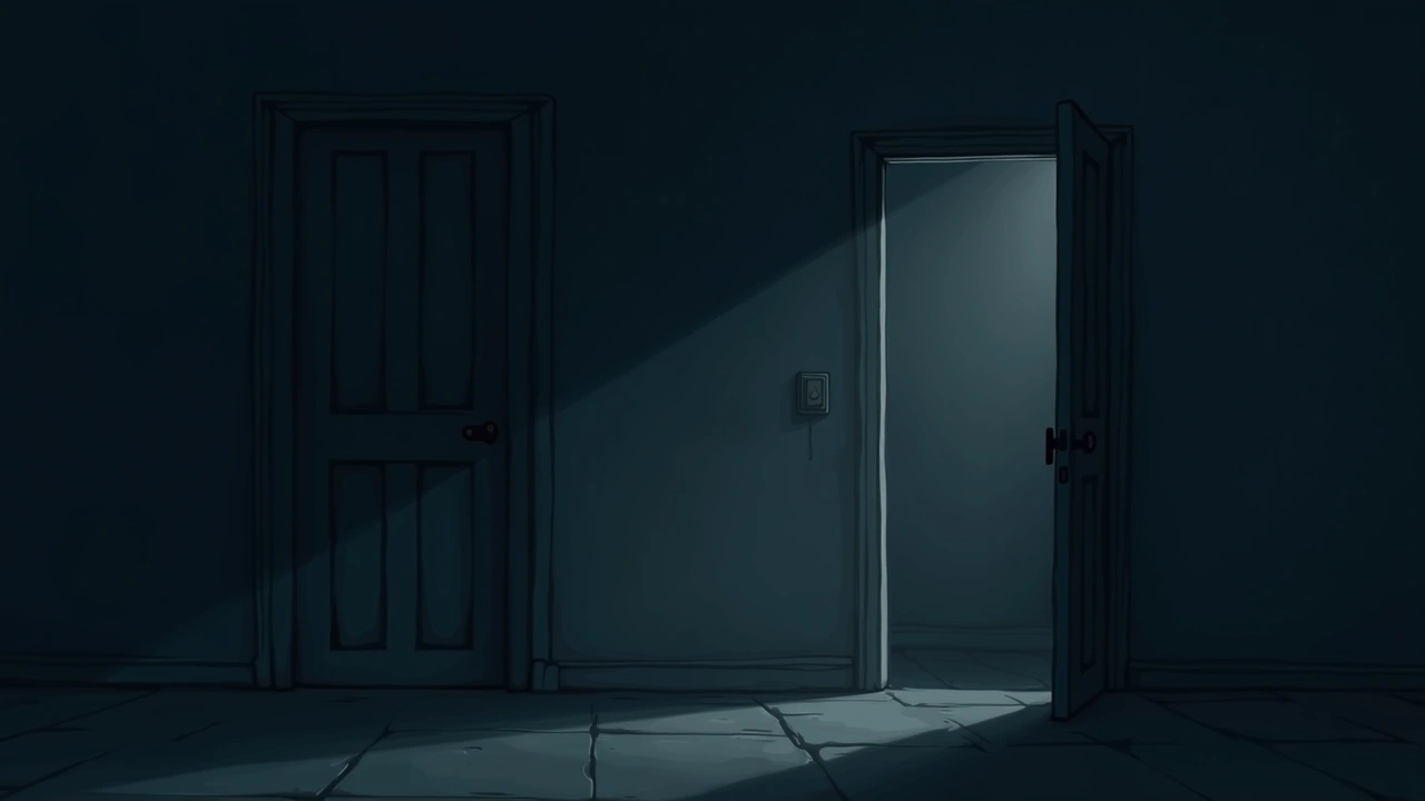 Illustration: A dark, empty room lit only by a phone screen, an old wooden door slightly ajar.