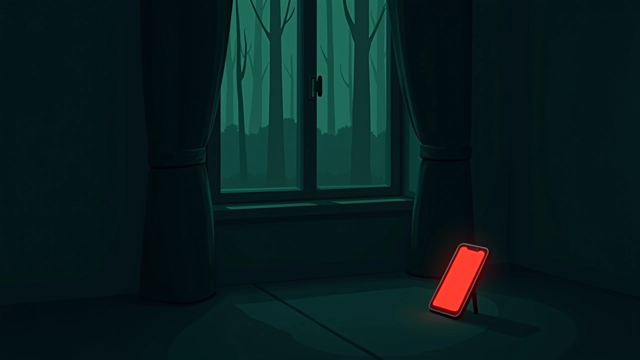 Illustration: a phone screen glowing bright red with alarm-style lines, near a window at dusk.