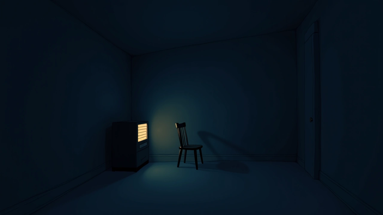 Illustration: a small room at night with a chair and a glowing space heater.