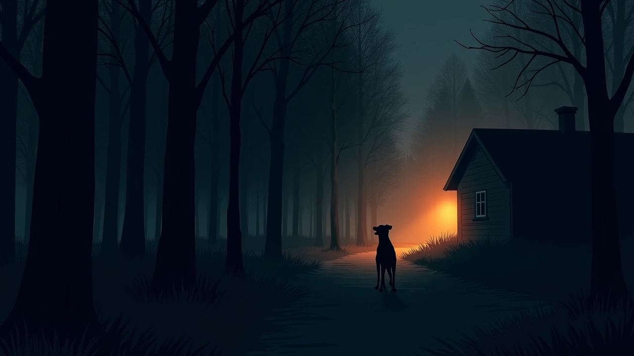 Illustration: a dense patch of trees near a house at dusk, a dog staring intently into the woods.