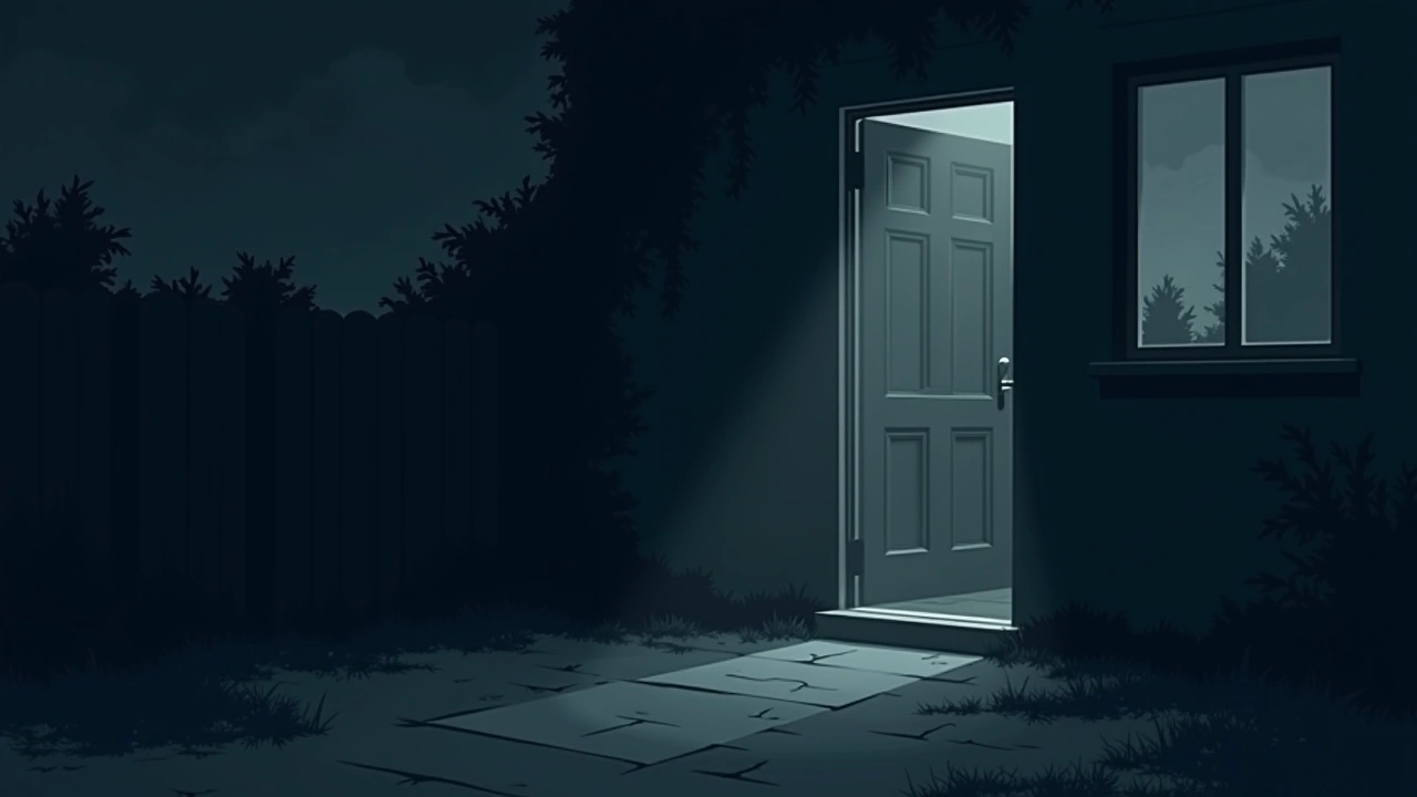 Illustration: a front door at night with a dark street glimpsed through a nearby window.