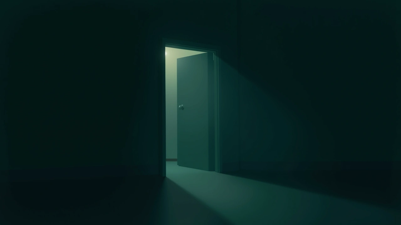 Illustration: a dim hallway at night with a faint light near the doorway.