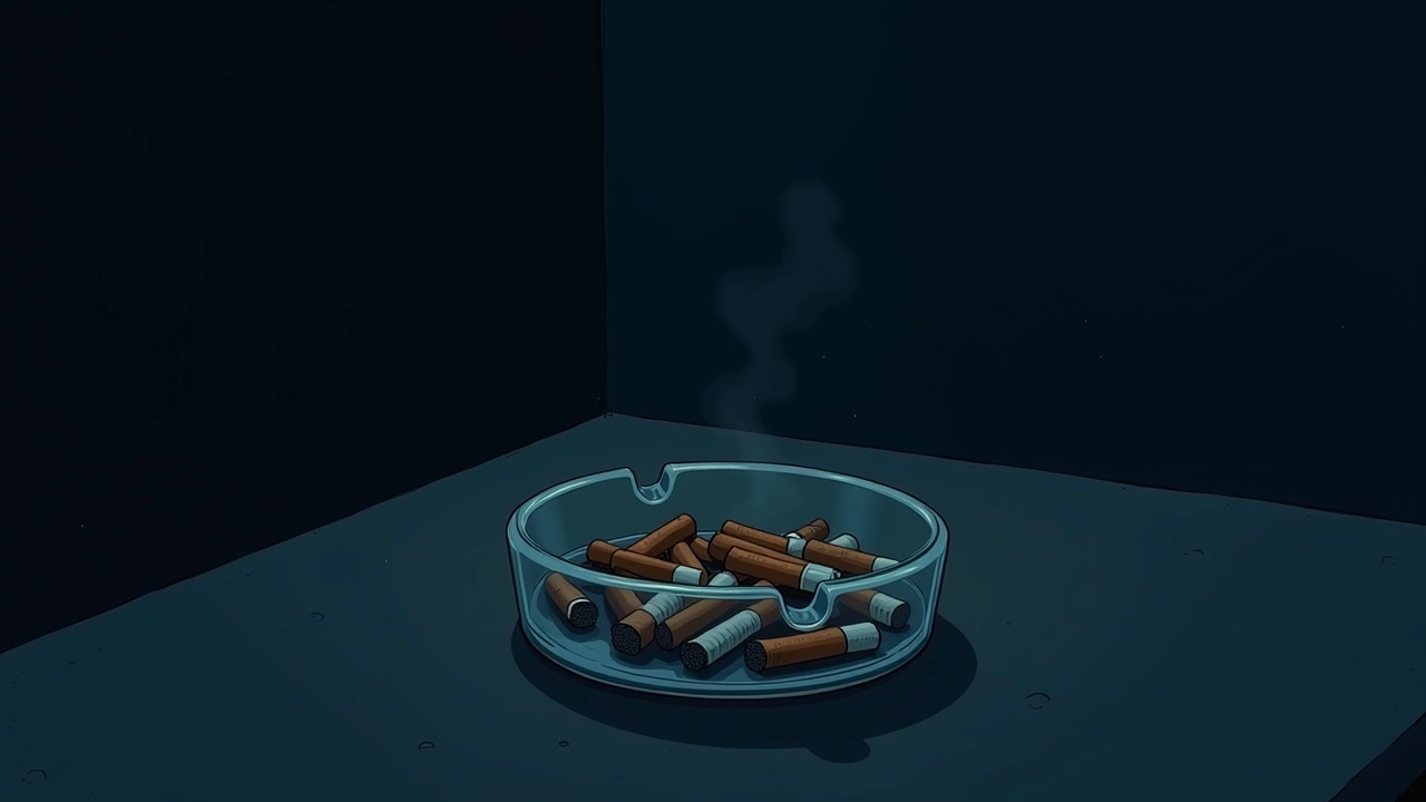 Illustration: a full glass ashtray with cigarette butts on a table at night, dim lamp light.