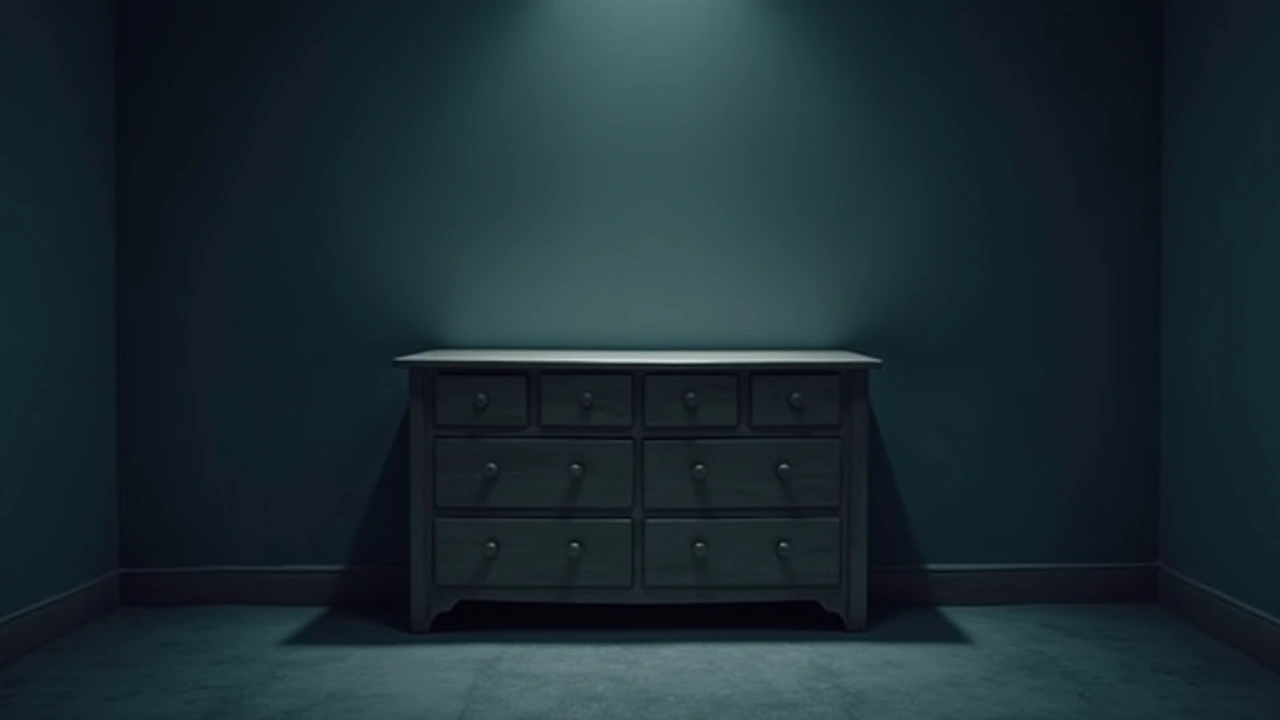 Illustration: A wooden dresser with seven drawers in a quiet, dimly lit bedroom.