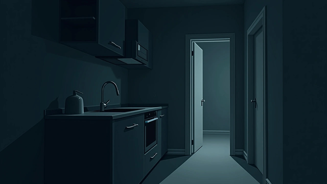 Illustration: a small apartment kitchen at night with a hallway doorway on the right.