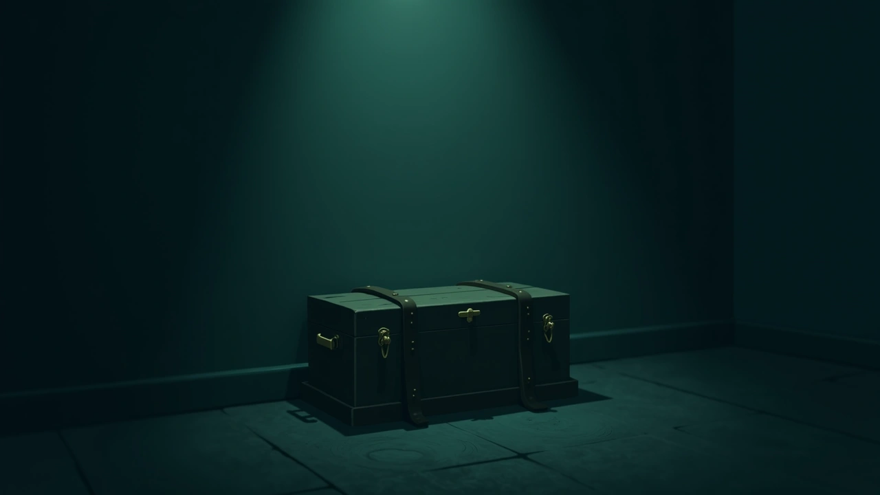 Illustration: an old wooden chest closed in a dark, bare room.