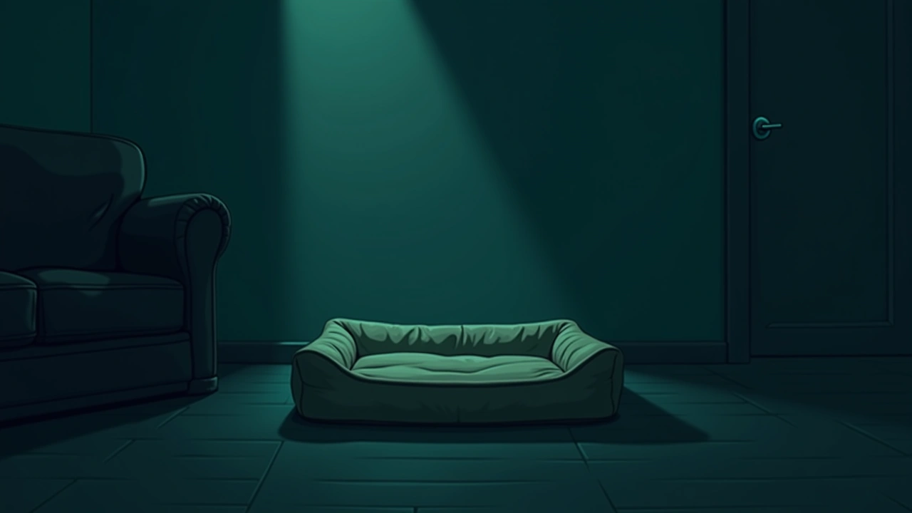 Illustration: an empty dog bed on a living room floor in soft evening light.
