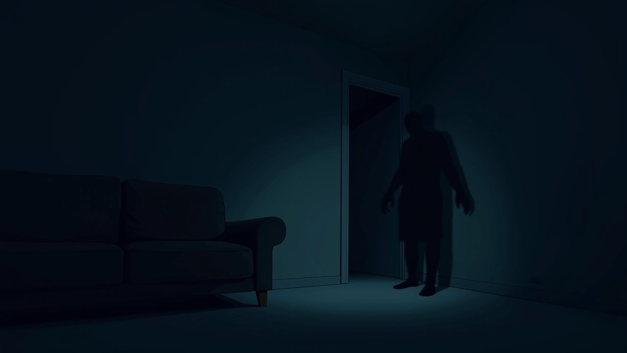 Illustration: a shadowy corner of a dim living room where a faint shape seems to linger.