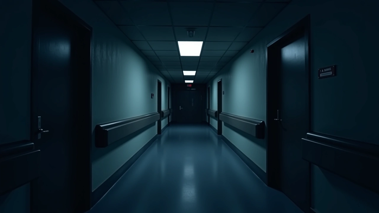 Illustration: an empty hospital corridor under fluorescent light.