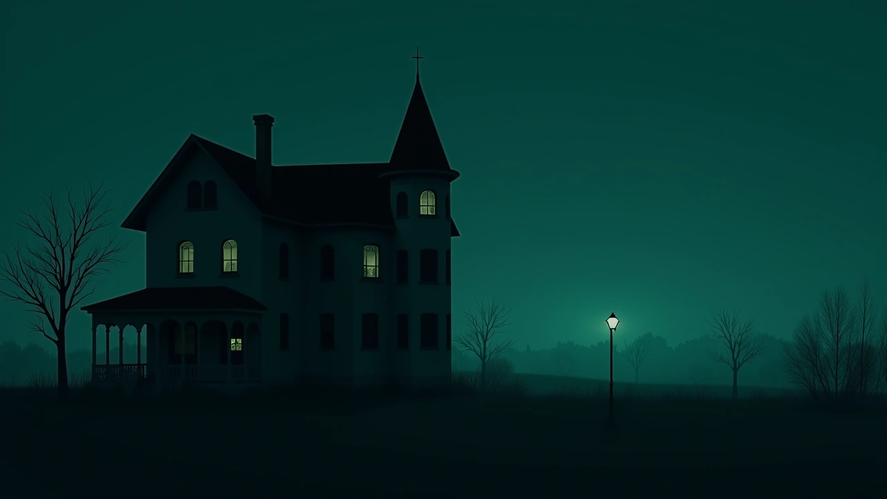 Illustration: an old Victorian house at dusk with dark windows.