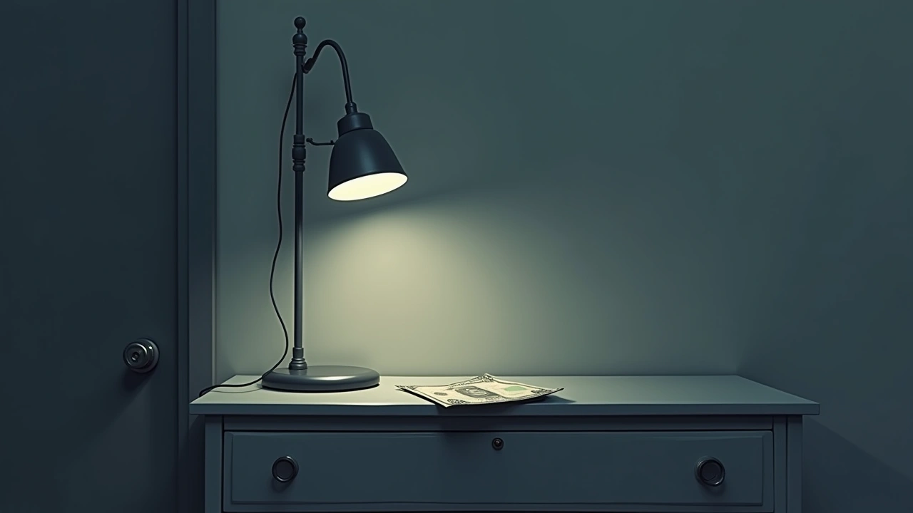 Illustration: An envelope with folded cash resting on a dresser in soft lamp light.