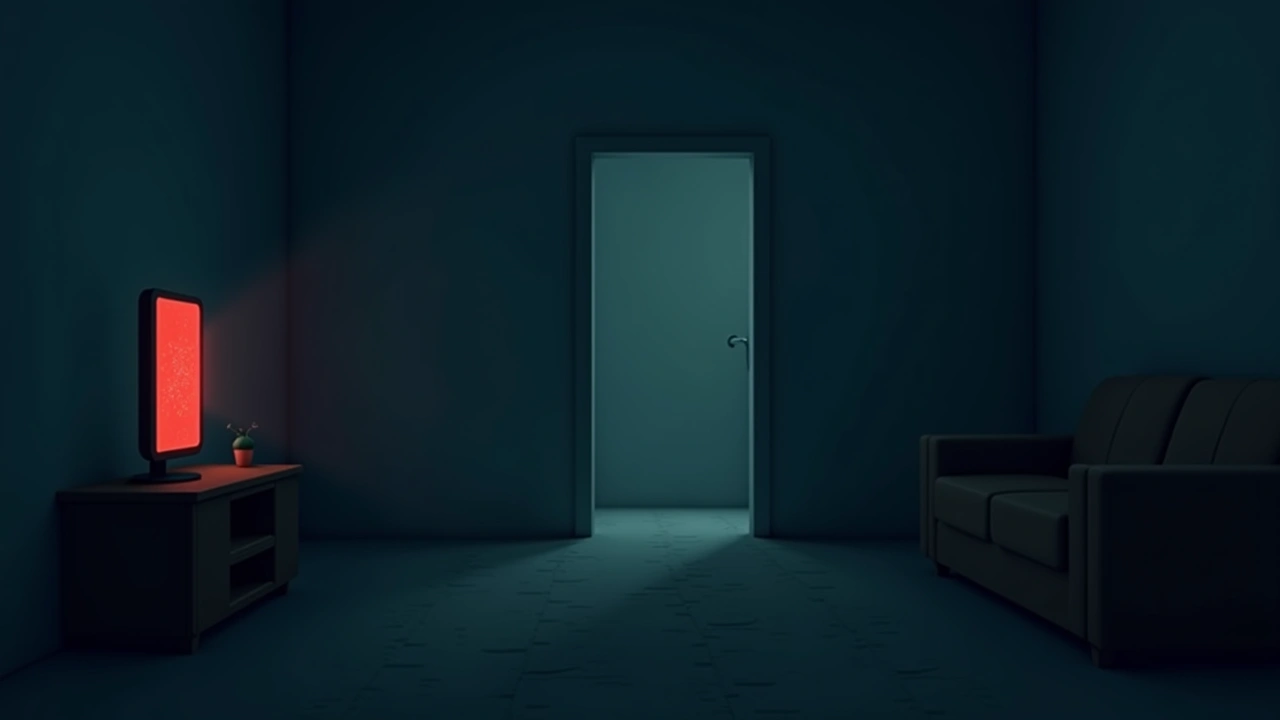 Illustration: a small app display glowing red then green in a dim living room.
