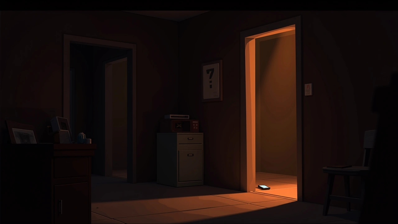 Illustration: a dim, cluttered basement lit only by the glow of a phone screen.