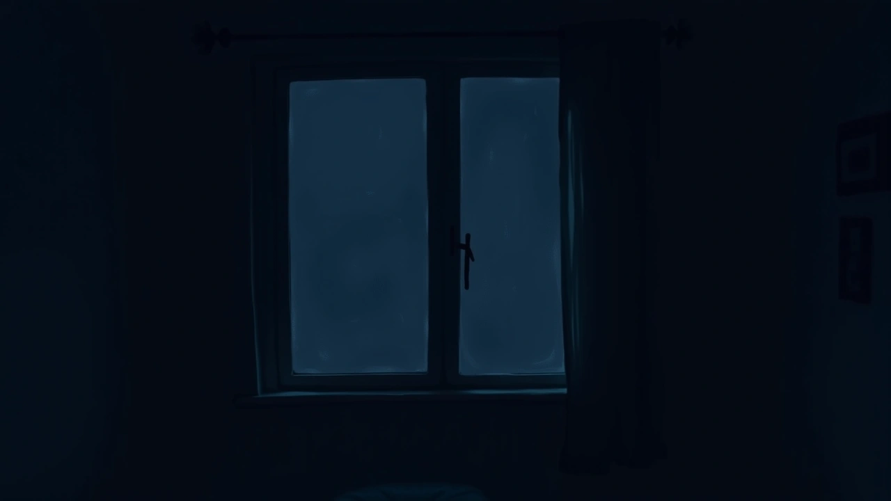 Illustration: a dark living room window at night with something glimpsed just outside the glass.