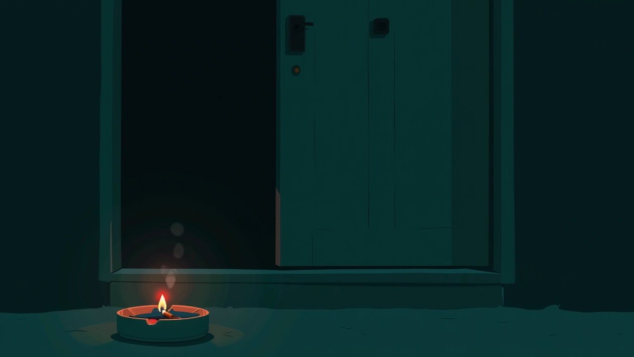 Illustration: a lit cigarette resting in an ashtray by a front door at night, a faint red glow nearby.