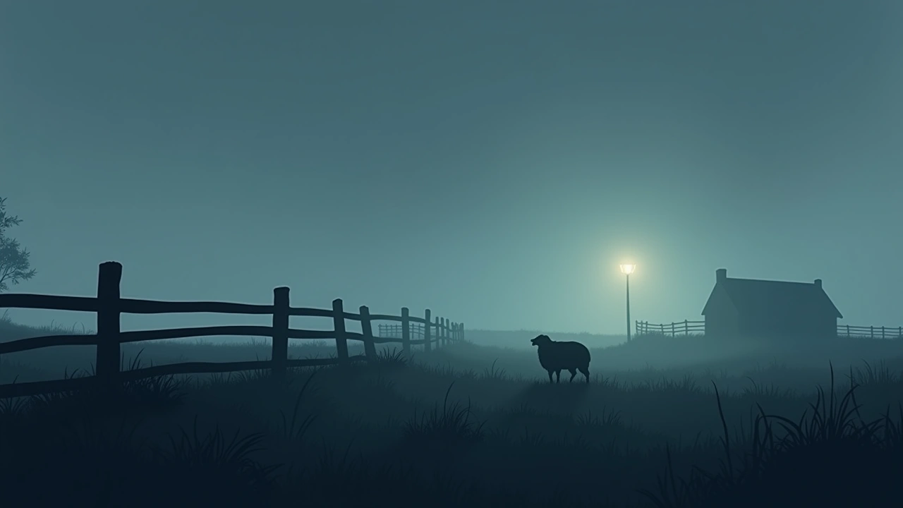 Illustration: a misty rural field at night with a wooden fence and a sheep enclosure in the distance.