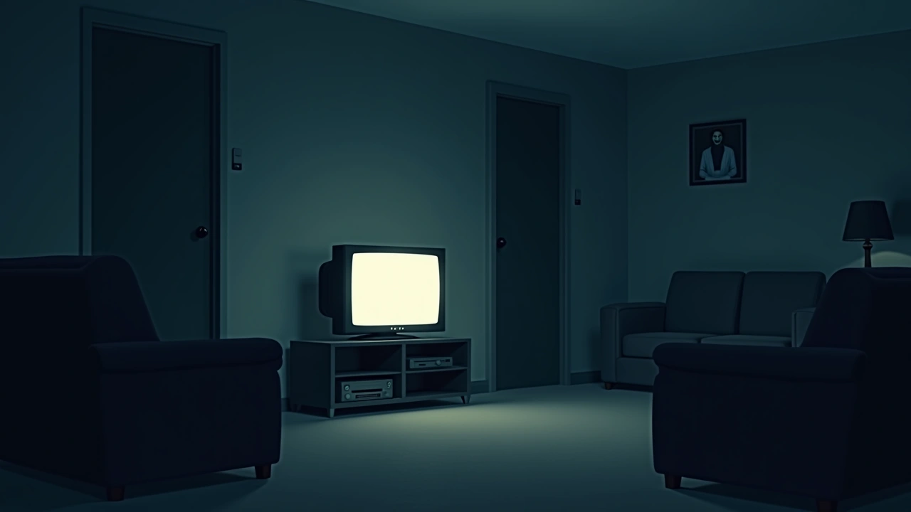 Illustration: A television glowing in a dark living room, the news playing.