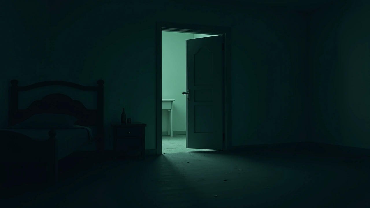 Illustration: a quiet bedroom at night, dim light spilling through a half-open door.