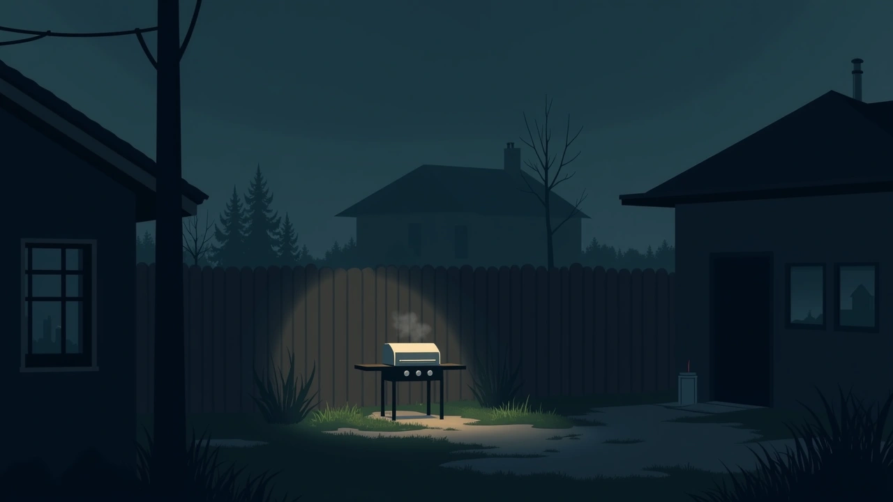 Illustration: a phone glowing near a backyard barbecue grill at night in a village.