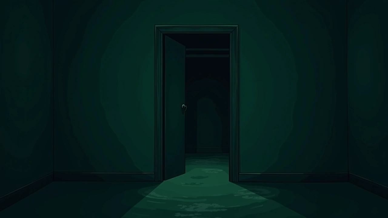 Illustration: a closet door left ajar in a dim bedroom at night.