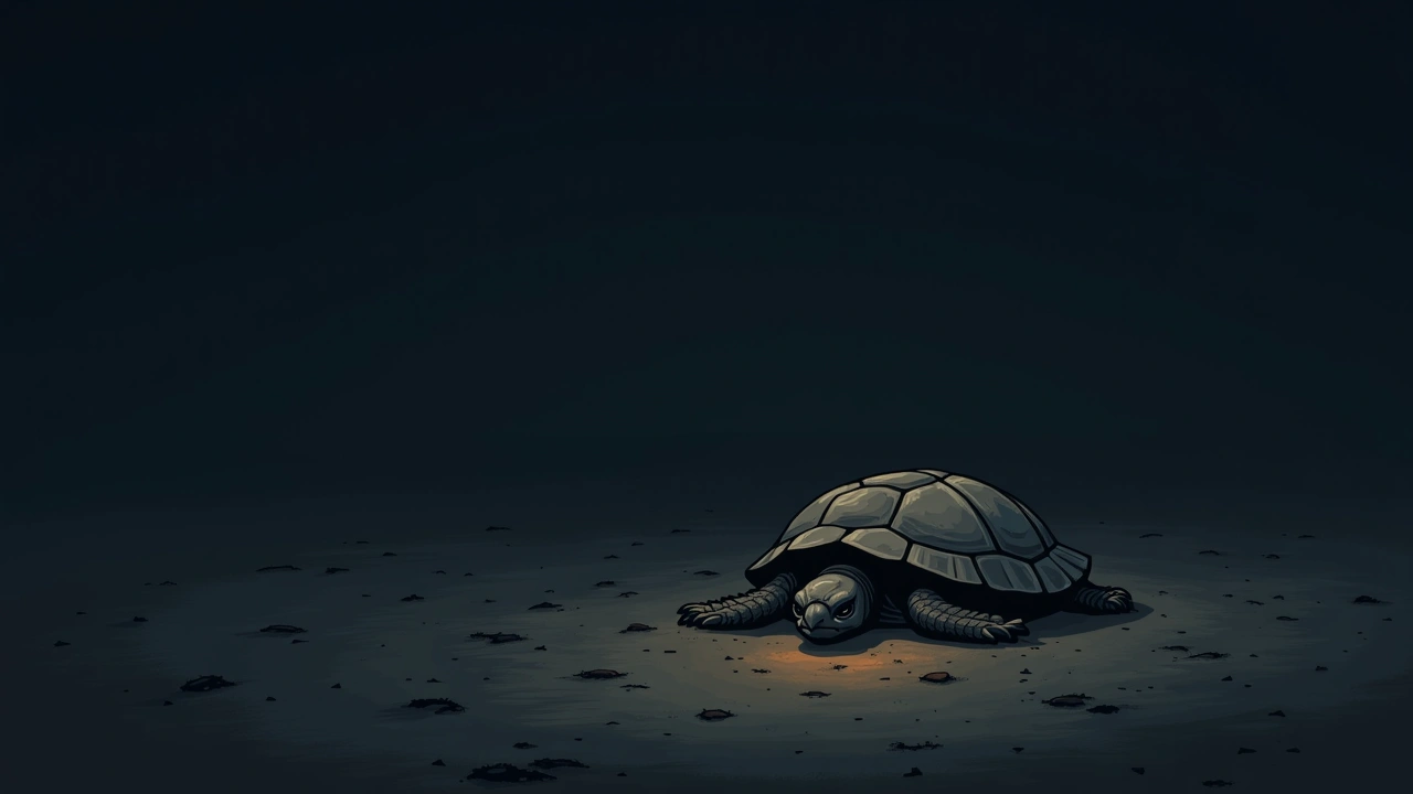 Illustration: a turtle shell lying on dry bare ground at dusk.