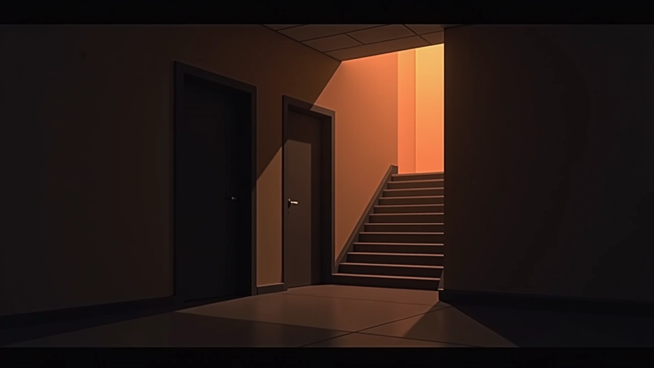 Illustration: a dim school corridor near a stairwell with the lights turned off.