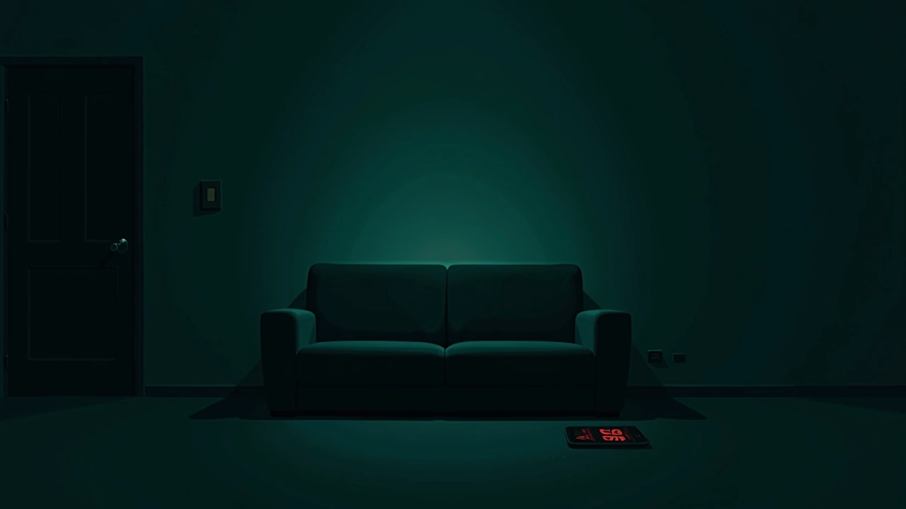 Illustration: a couch in a dim living room with a phone showing red signal readings nearby.